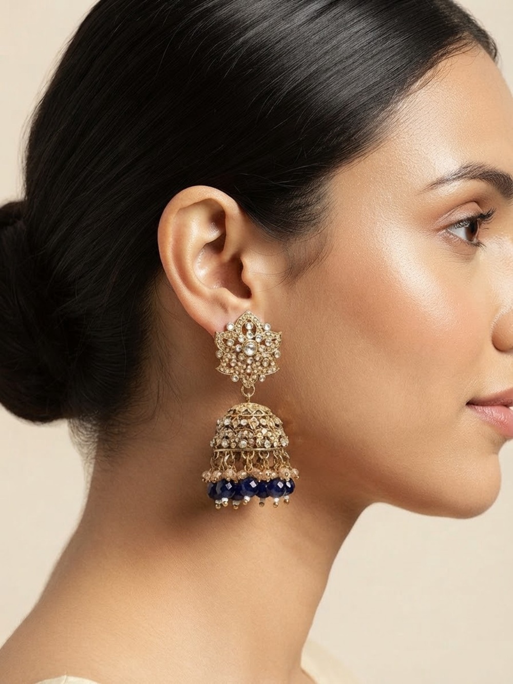 Gold and Navy Beaded Jhumka Earrings - Women Jewelry only for 30$
